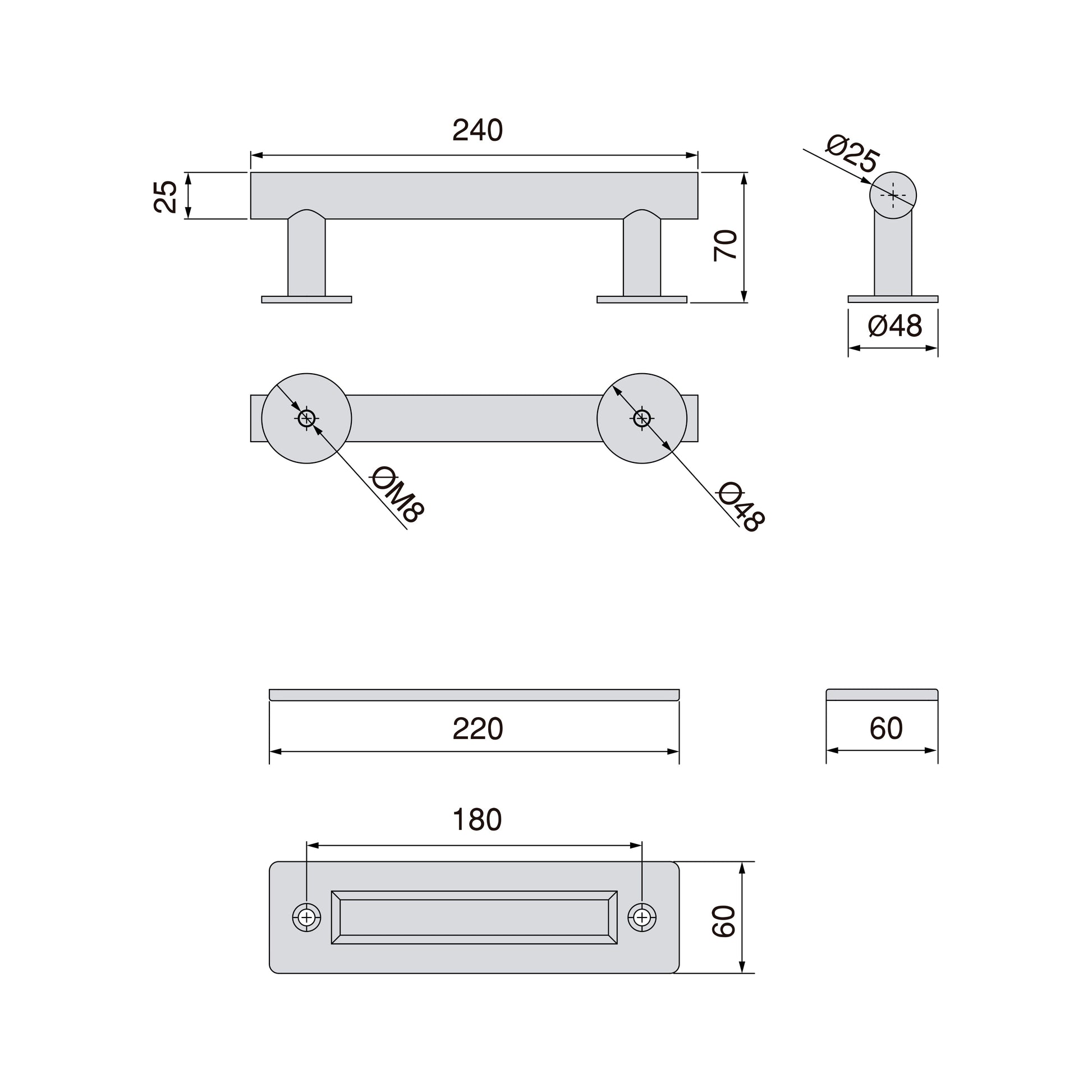 Emuca Griff für Holzschiebetüren Pasadena, Länge 240 mm, 180 mm Achsenabstand, Stahl, Schwarz strukturiert - werkzeug-online24
